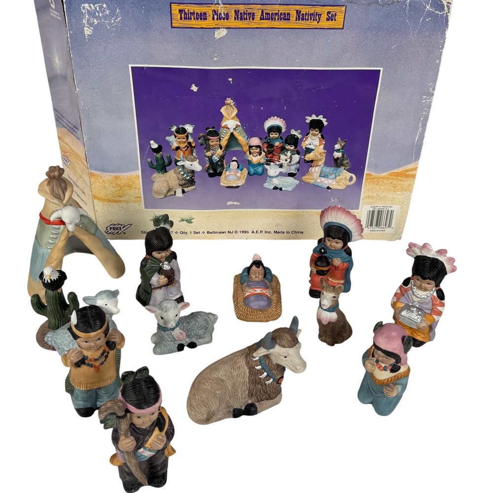 Vintage Native American Nativity Set 13 Piece 1996 Porcelain Hand Painted Indian